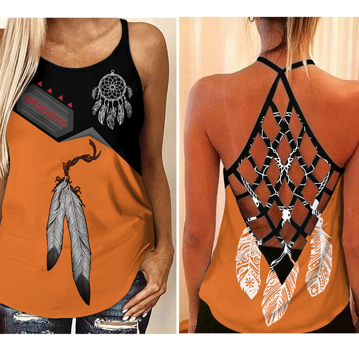 Every Child Matters Cross Tank Top Feathers Orange Shirt Day Clothing Gift For Women
