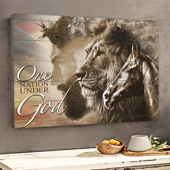 Jesus With Lion Horse One Nation Under God American Flag Canvas Patriotic Christian Wall Art