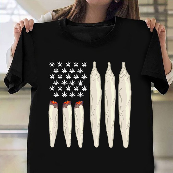 Marijuana Leaf Joint Blunt American Flag T-Shirt Reefer Shirt Gifts For Smoker Lovers