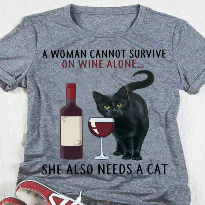 A Woman Cannot Survive On Wine Alone Shirt Cat And Wine Funny T-Shirt Cat Lovers Gifts