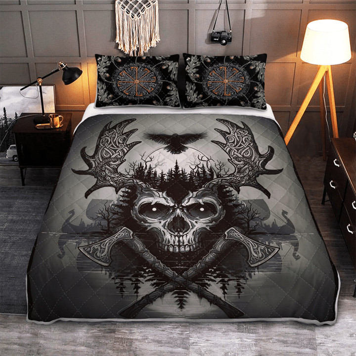 Skull Raven Viking Quilt Bedding Set Viking Merch Themed Gifts For Him Father's Day Ideas