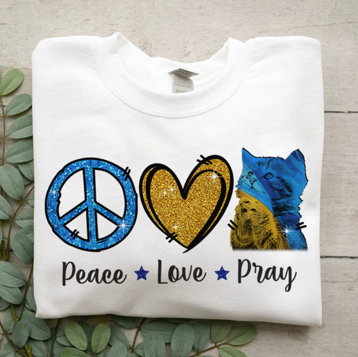 Cat Peace Love Pray For Ukraine Shirt Support Ukraine T-Shirt