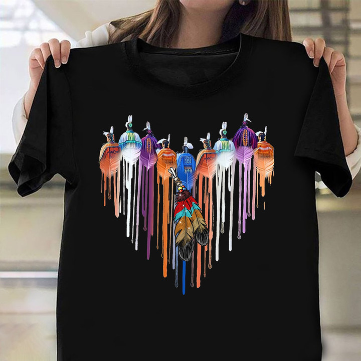 Native American Shirt Indigenous Feathers Watercolor Hearts Tee Men Gifts