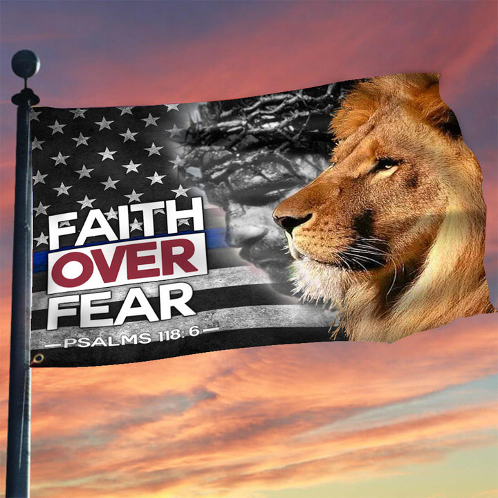 Thin Blue Line Faith Over Fear Jesus Lion Flag Christian Merch Law Enforcement Decor
