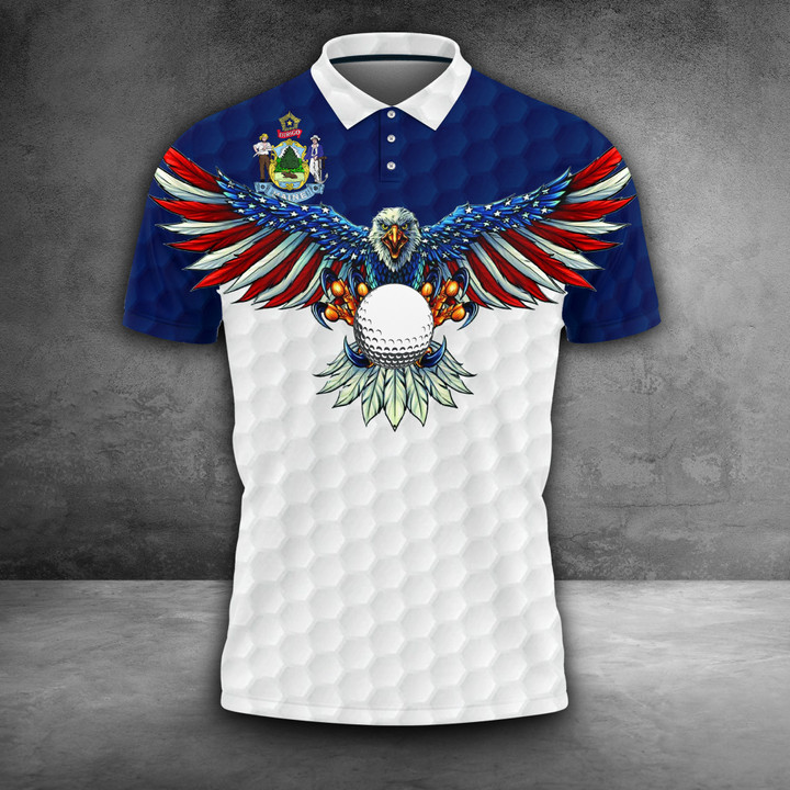 Maine Eagle Golfer Polo Shirt Patriotic Maine State Man Modern Golf Apparel Golf Presents