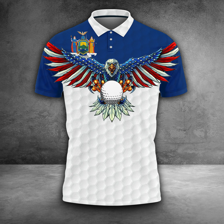 New York Eagle Golfer Polo Shirt Patriotic Mens Golf Polo Shirts Best Golf Gifts