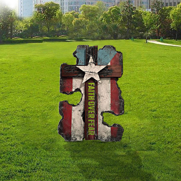 Texas State Flag Cross Faith Over Fear Yard Sign Retro Vintage Christian Merch Lawn Decor
