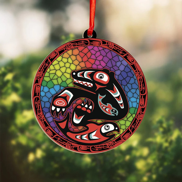Bear Catching Salmon Haida Art Suncatcher Ornament Native American Style Christmas Ornaments