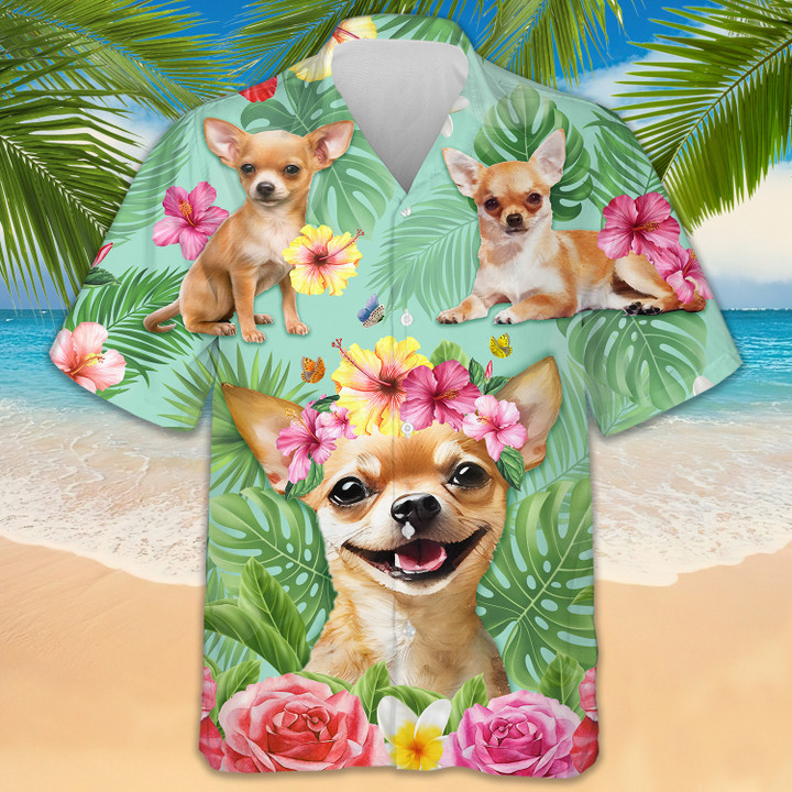 Chihuahua And Hibiscus Hawaii Shirt Summer Short Sleeve Button Up Shirts Gifts For Dog Lovers