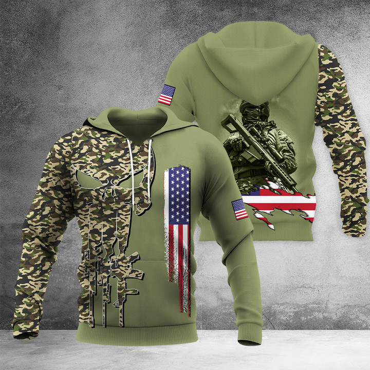 American Soldier Skull Hoodie Proud US Camo Flag Hoodie Gift For Husband