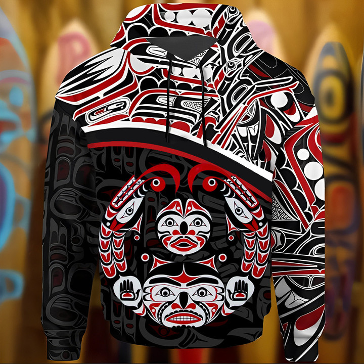 Haida Art Sea Serpent And Full Moon Hoodie Northwest Coast Style Apparel Gifts For Him