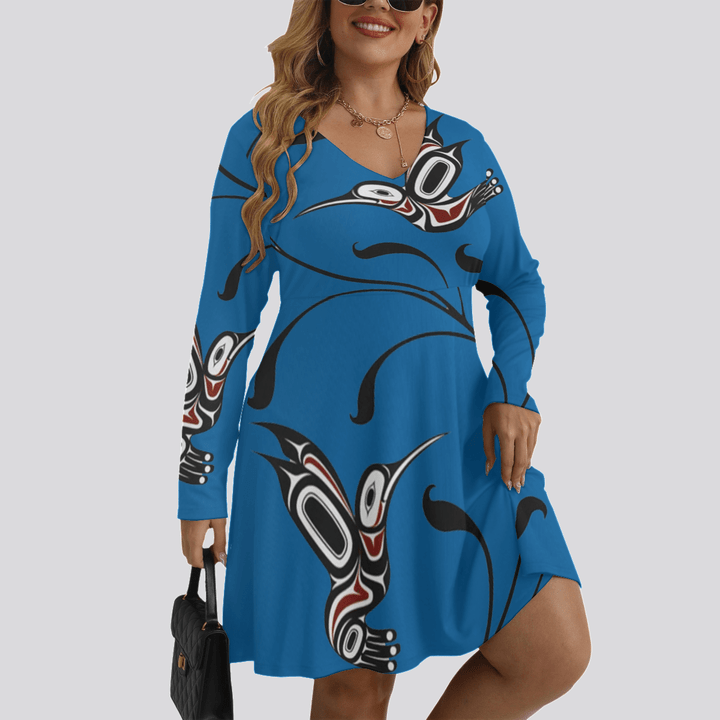 Pacific Northwest Style Hummingbird Women's V-neck Long Sleeve Dress Native American Apparel