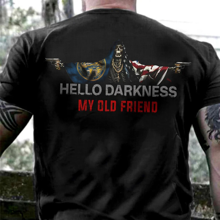 Nebraska And American Flag Skull Hello Darkness My Old Friend Shirt Pro Gun Rights T-Shirt