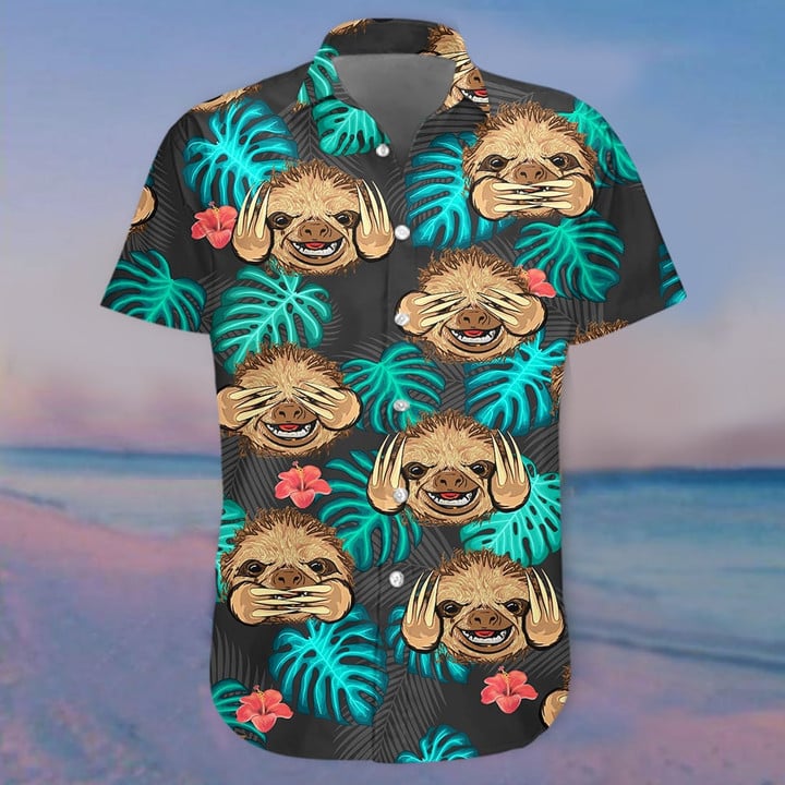 Sloth Palm Leaves Hawaiian Shirt Summer Button Up Shirts Mens Gifts For Sloth Lovers