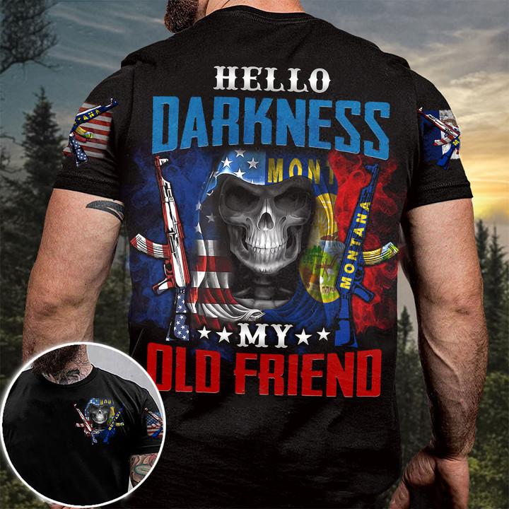 Montana USA Flag Skull With Gun Shirt Hello Darkness My Old Friend Shirt For Montana State