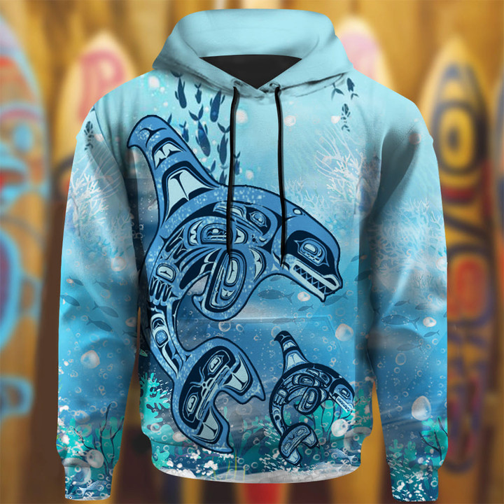 Blue Dolphin Haida Art Hoodie 3D Print Native Pacific Northwest Coast Haida Style