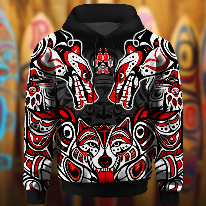 Haida Wolf Art Northwest Coast Style Hoodie Native American Clothing Gift For Him