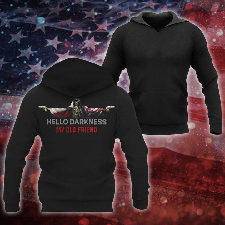 Texas Hello Darkness My Old Friend Hoodie Texas And American Flag Skull With Gun Clothing Men's