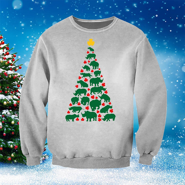 Rhinoceros Christmas Tree Sweatshirt 2023 Xmas Unique Clothing Gifts For Animal Lovers