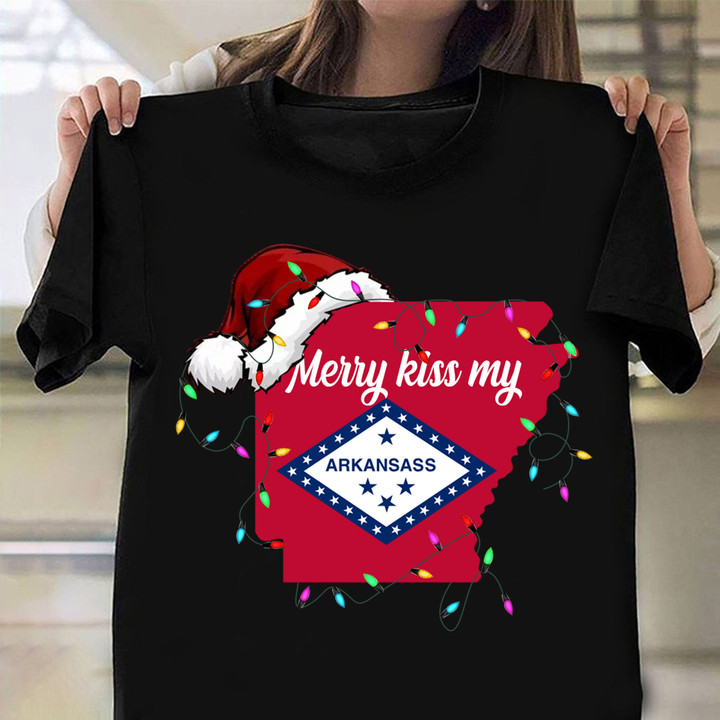 Merry Kiss My Arkansass Christmas Shirt Funny Arkansas Patriotic Christmas T-Shirt 2023