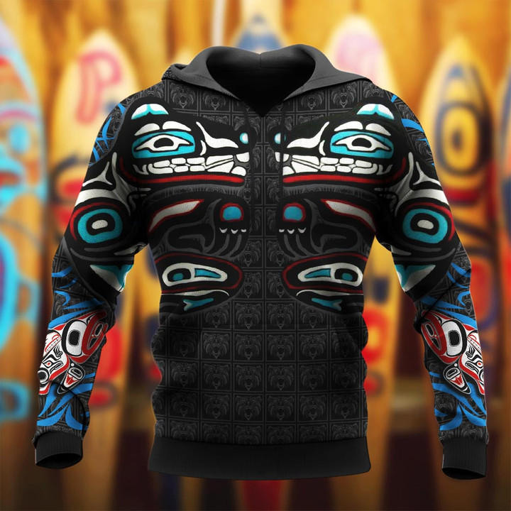 Bear And Salmon Symbolism Haida Art Hoodie Pacific Northwest Style Hoodie Gifts For Men