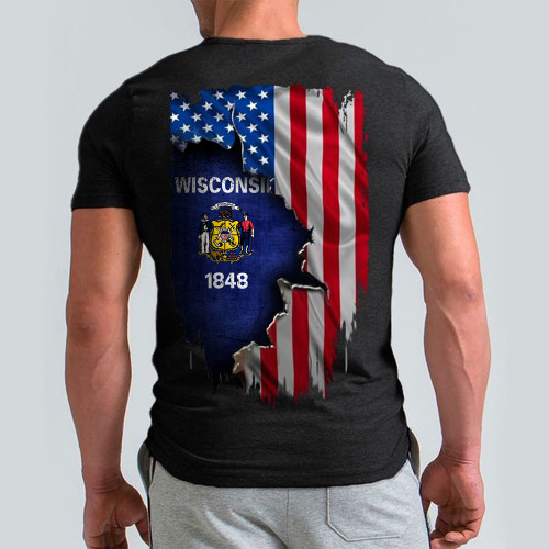 Wisconsin Flag Inside American Flag Shirt State Of Wisconsin Graphic Tee Patriotic T-Shirt