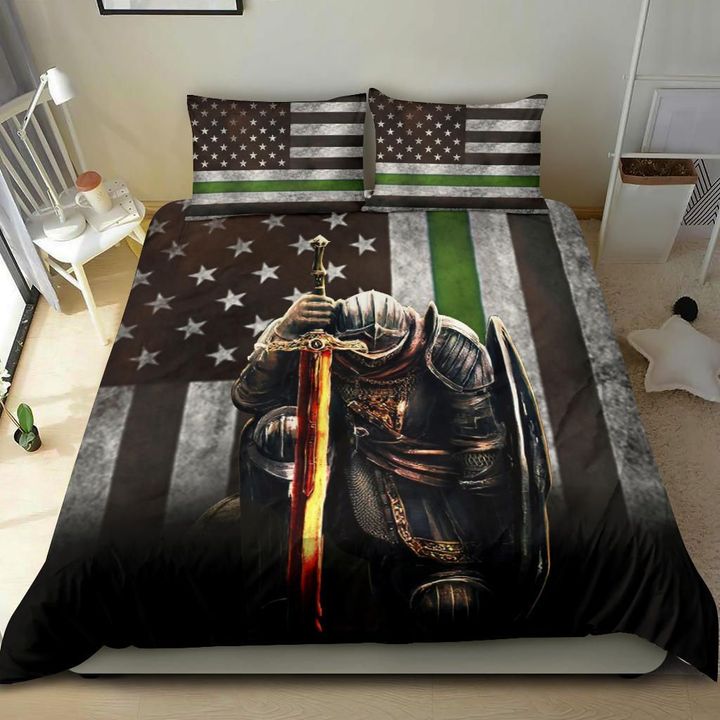 Thin Green Line Flag Bedding Set Knight Templar Patriotic Army Veterans Day Gift For Dad