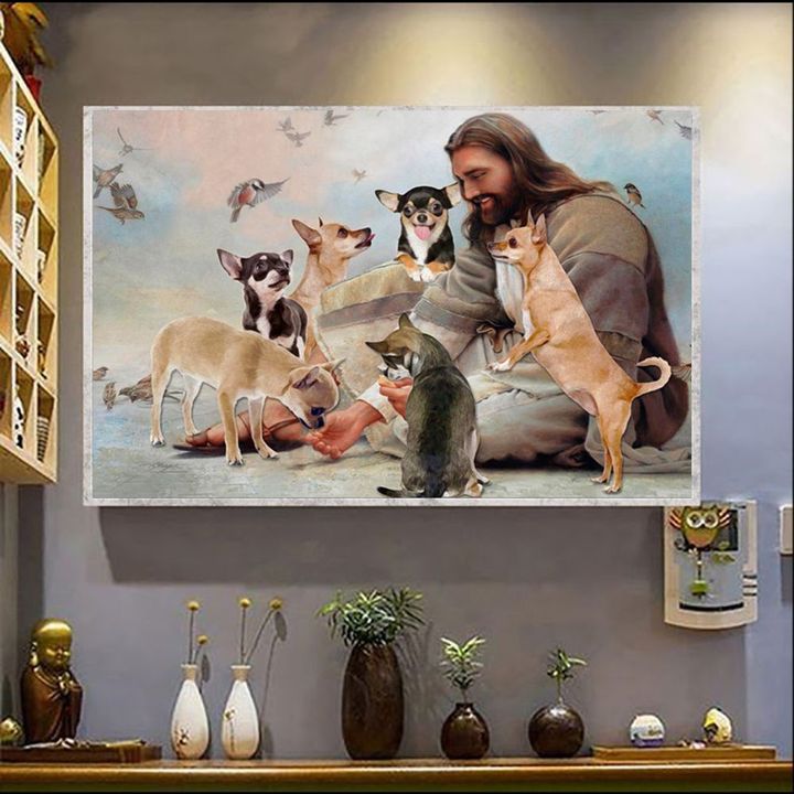 Jesus And Chihuahua Poster Christian Jesus Christ Chihuahua Dog Owner Wall Art Decor Ideas