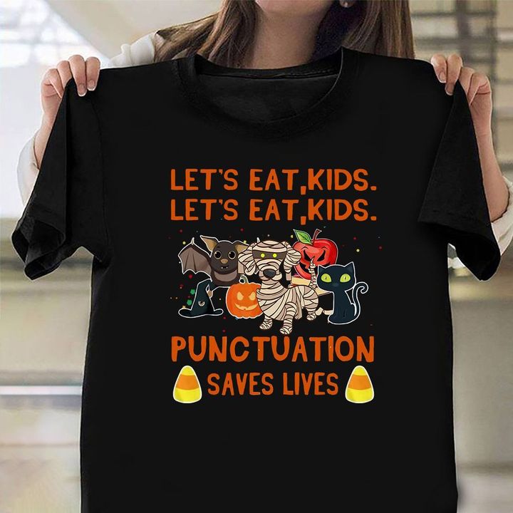 Dachshund Cat Lets Eat Kids Punctuation Saves Life Shirt Funny Adult Halloween T-Shirt Sayings