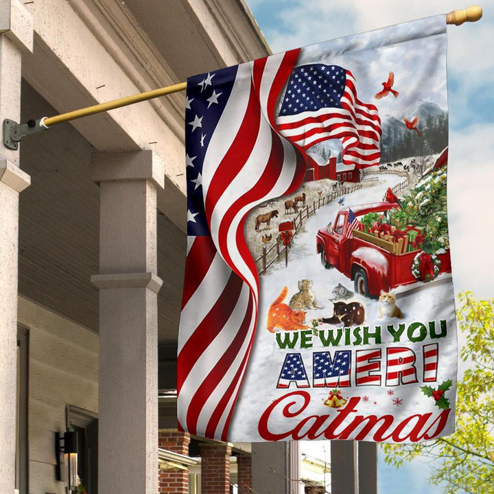 Cats Beside Red Truck We Wish You Ameri Catmas American Flag Outdoor Xmas Decorations