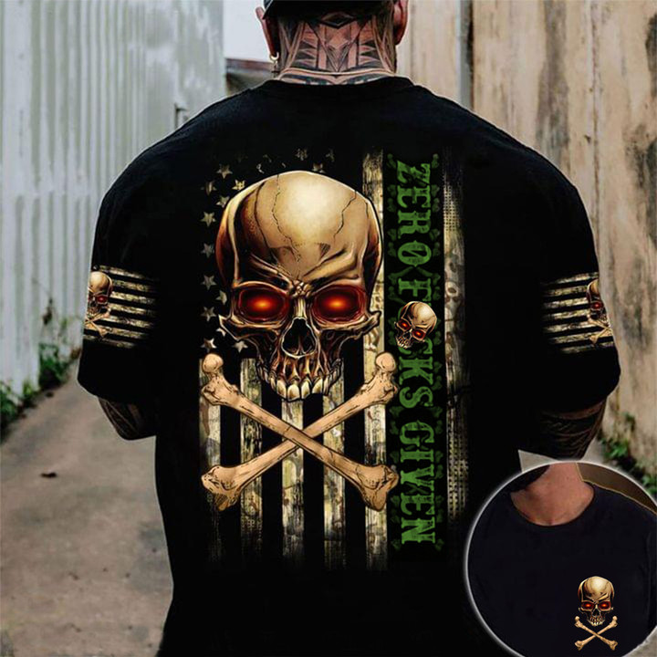 Thin Green Line Zero Fucks Given Bones Skull American Flag Shirt Veterans Day Gift Ideas