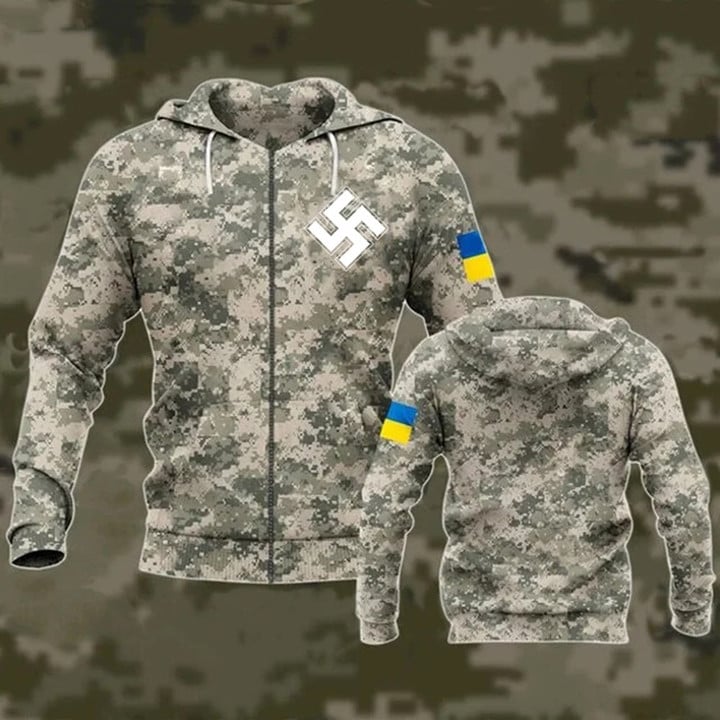 Swastika Stands With Ukraine Zipper Hoodie Mens Ukrainian Flag Camouflage Clothing