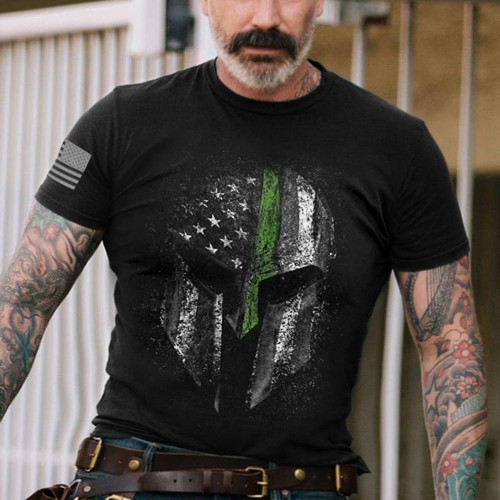 Thin Green Line Spartan T-Shirt Mens USA Patriotic Honoring Military Man Veteran Gift
