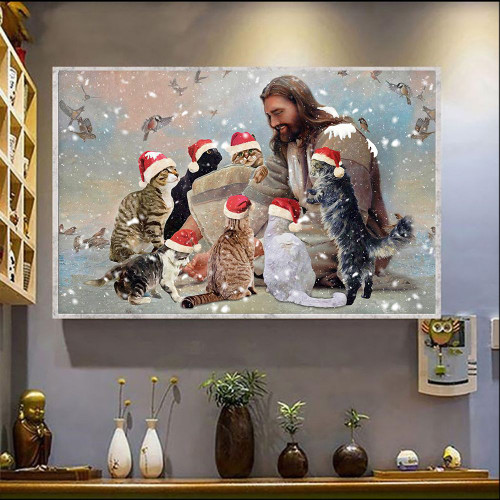 Jesus Christ With Cats Christmas Poster Cat Lover Christian Christmas Wall Decor Ideas