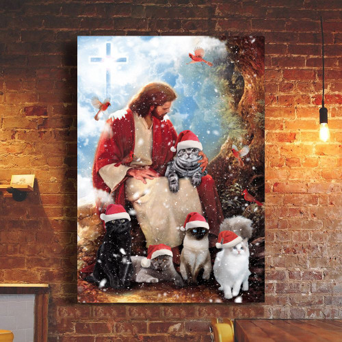 Jesus And Cat Christmas Poster Jesus Christ Christian Poster Christmas Gift For Cat Lover