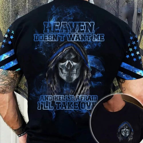 Skull Thin Blue Line Heaven Doesn't Want Me Shirt Graphic Tee Gifts For Cops.