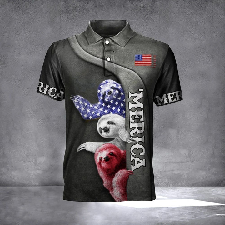 Three Sloths American Flag Polo Shirt Happy Independence Day 4Th Of July Apparel