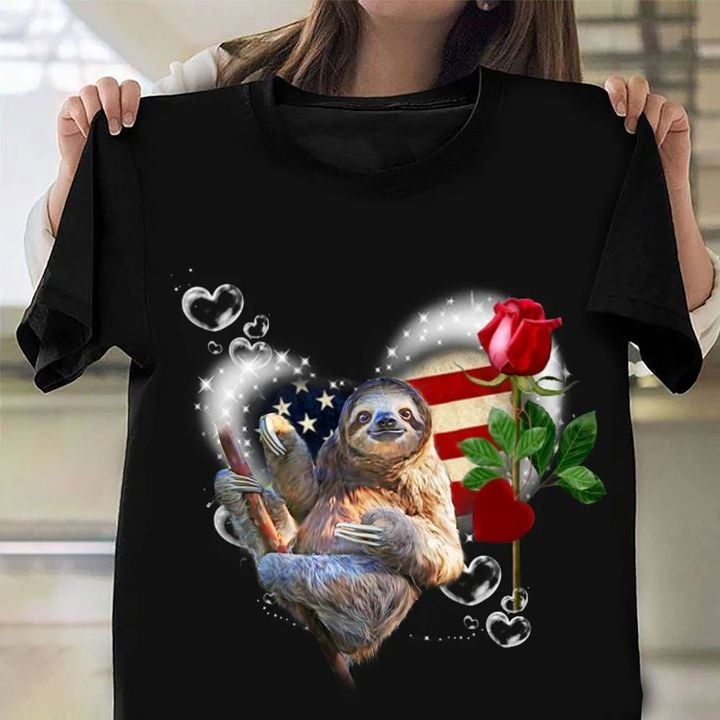 Sloth Heart American Flag T-Shirt Cute Happy Independence Day Gift Ideas For Wife