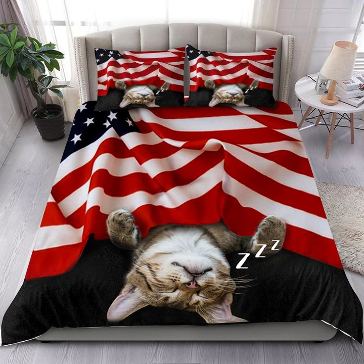 Cat Sleeping USA Flag Bedding Set Cute Cat Comforter Gift For Patriotic For Cat Lovers