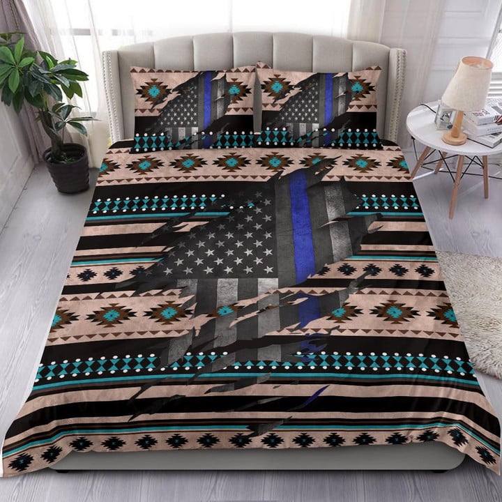 Thin Blue Line American Flag Bedding Set Ethnic Design Police Merch 4th Of July Gift For Him