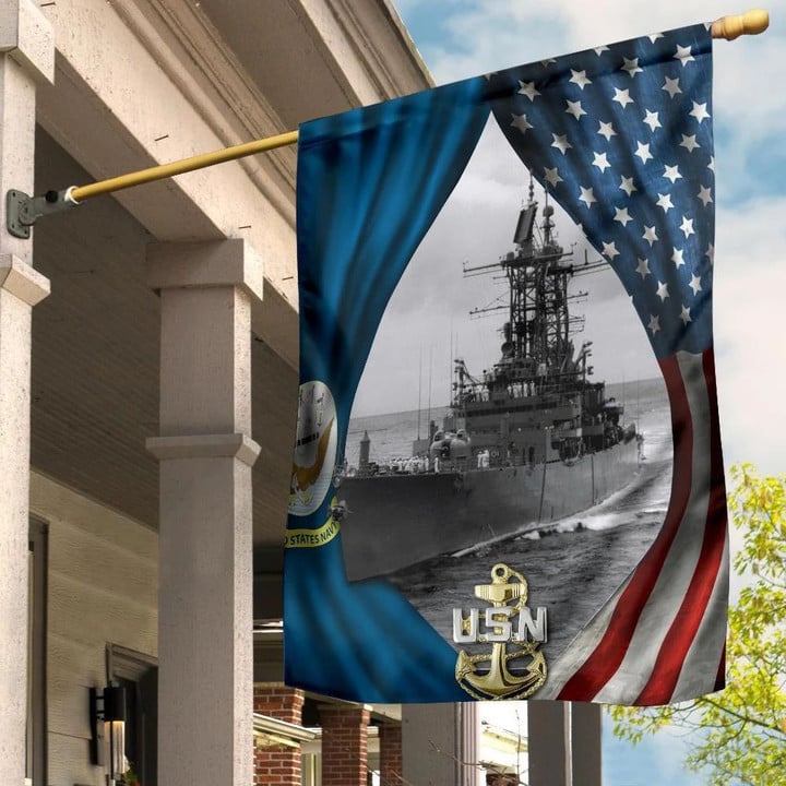 US Navy Flag And American Flag Patriotic Honor Navy Ship USN Decor Gift For Navy Sailors