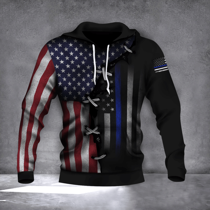 Thin Blue Line And U.S Flag Hoodie Old Retro 3D Print Honor Our Law Enforcement Police Officer