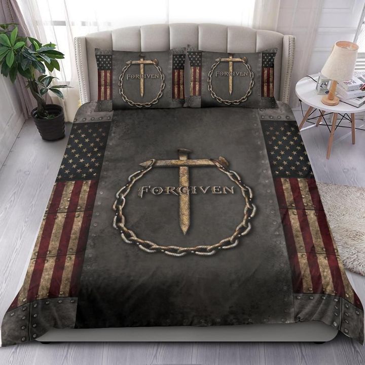 Cross Forgiven American Flag Bedding Set Vintage Old Retro Patriotic Gift For Christian