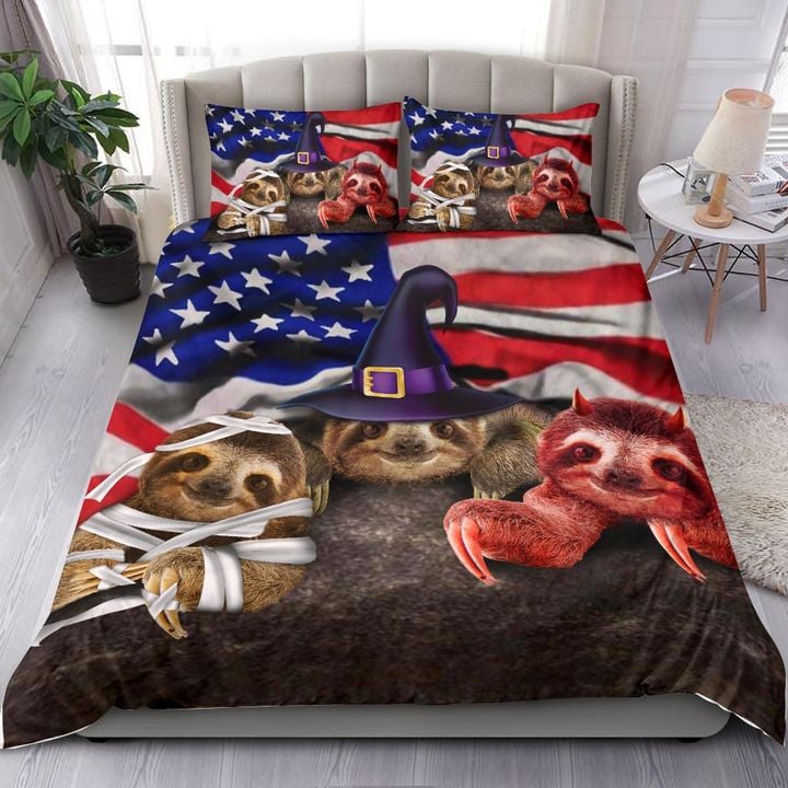 Three Sloths Halloween American Flag Bedding Set Halloween Duvet Cover Merch Adults Gifts