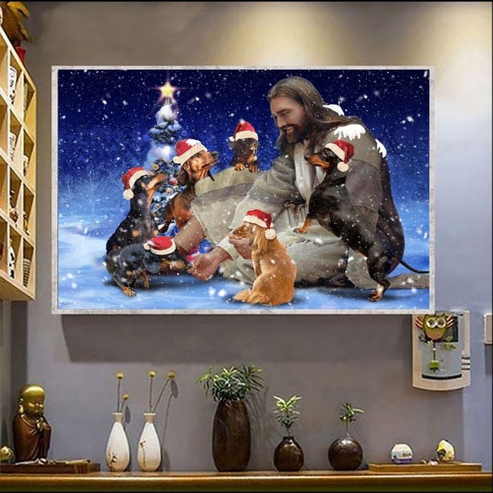 Jesus And Dachshunds Christmas Poster Dog Lover Christian Jesus Christmas Poster Wall Decor