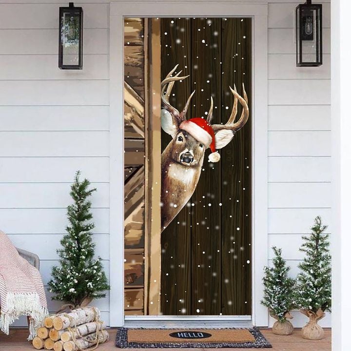 Deer Wear Santa Hat Christmas Door Cover Xmas Front Door Christmas House Decorations Outside