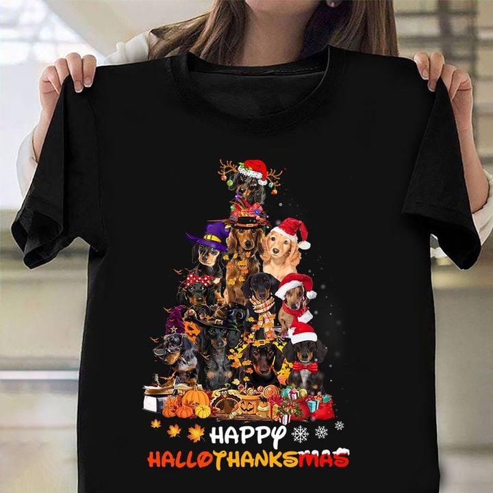 Dachshund Happy Hallothanksmas T-Shirt Dachshund Christmas Shirt Halloween Gifts