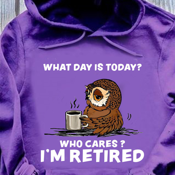 Owl With Coffee What Day Is Today Who Cares I'm Retired Hoodie Funny Gifts For Brother
