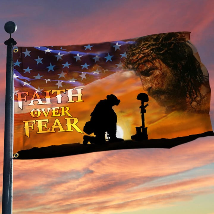 Veteran God Jesus Flag Military Memorial Day Faith Over Fear Flag Hanging Patio Decor