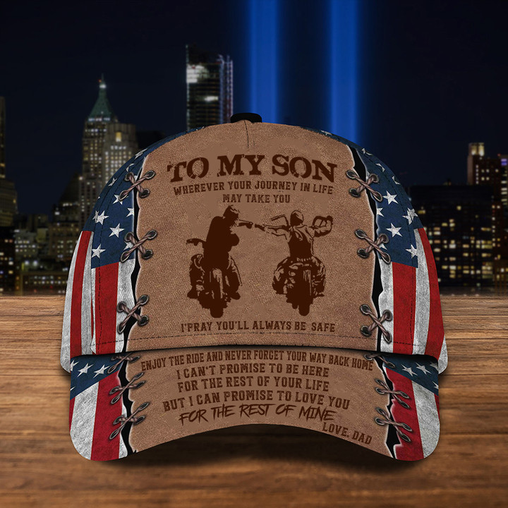 To My Son Wherever Your Journey American Flag Hat Motorcycle Lovers Mens Hats Gift For Son